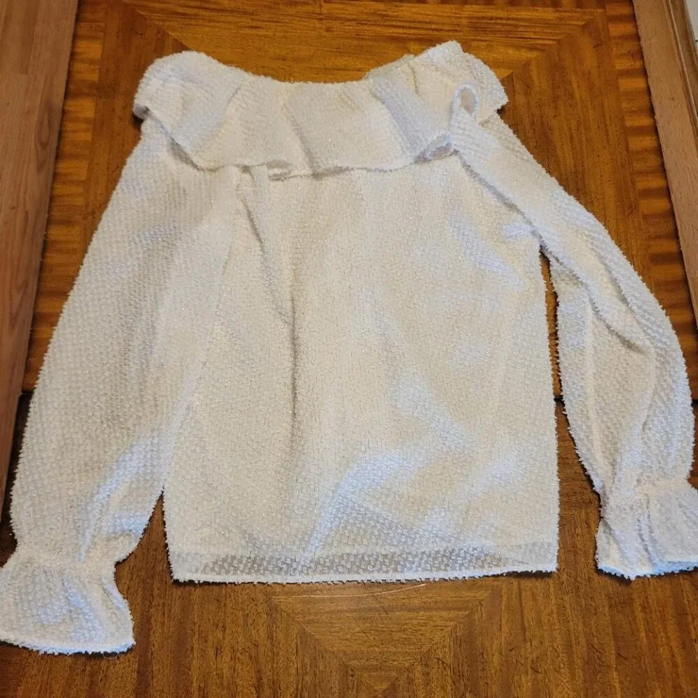 LOFT Cream with Gold Sparkle Ruffled Blouse - Picture 10 of 14